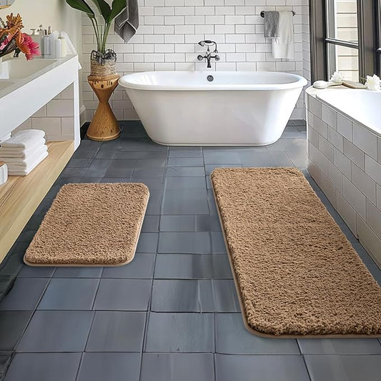 MIULEE Light Brown Bathroom Rugs Set 2 Piece Soft Bath Mats 16x24+16x48 in | Soft Absorbent Microfiber Bath Rugs, Non Slip, Quick Dry, Fluffy Bath Rugs for Bathroom Floor Tub Showers, Machine Washable