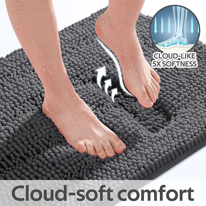 Striped Grey Bathroom Rug Mat Set 2 piece 32"x20"+24"x17" Ultra Soft, Non Slip Chenille Bath Rugs, Absorbent Plush Shaggy Bath Mats for Bathroom, Bedroom, Kitchen, Shower, Tub,Dark Gray, Charcoal