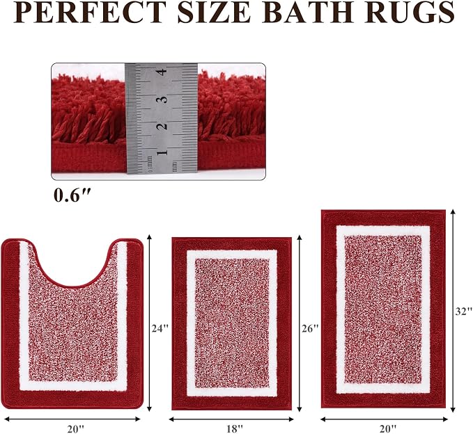 Pauwer 3 Piece Bathroom Rug Set, Non Slip Washable Bath Mat, Red | Soft Plush Microfiber, Super Absorbent Floor Carpet, U Shaped Toilet Mats, Quick Dry, Shaggy Shower Rugs Runners