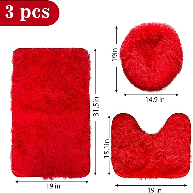 Red Bathroom Rugs Sets 3Piece Bath Mat Solid Bath Rug Floor Mats Washable Shower Rug with U-Shaped Contour Rug Toilet Lid Cover
