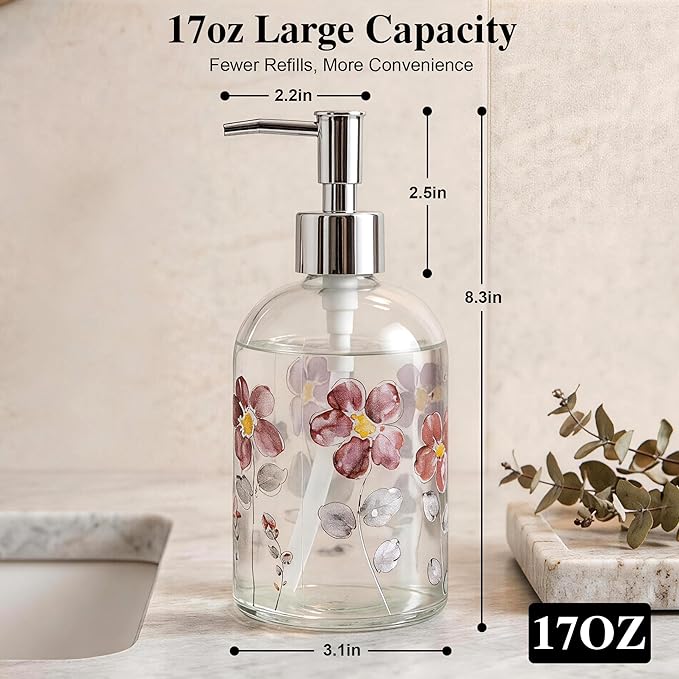 Topadorn Hand and Dish Soap Dispenser Set, 2 Pack 17oz Glass Soap Dispensers with Pump, Refillable Kitchen Soap Bottles, Floral & Goldfinch Decorative Bathroom Counter Decor
