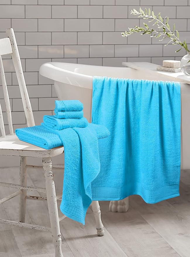 GLAMBURG 100% Cotton Ultra Soft 6 Pack Towel Set, Contains 2 Bath Towels 28x55 Inches, 2 Hand Towels 16x24 Inches & 2 WashCoths 12x12 Inch, Compact Absorbent Lightweight & Quickdry - Turquoise Blue