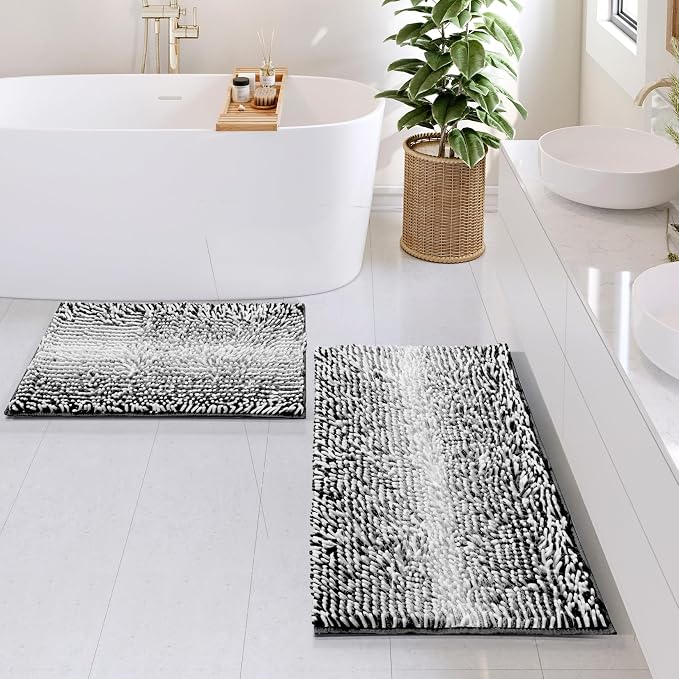 Hearth & Harbor Bathroom Rugs, Chenille Bath Mat - Machine Washable Bath Mats for Bathroom Non-Slip Backing Rubber, Quick Dry Bathroom Mat, 17 x 24 + 20 x 32 - Ombre Black