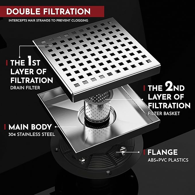 WEBANG 6 Inch Square Shower Drain Brushed Floor Drain with Flange Square Holes Pattern Cover Grate Removable SUS304 Stainless Steel Watermark&CUPC Certified Brushed