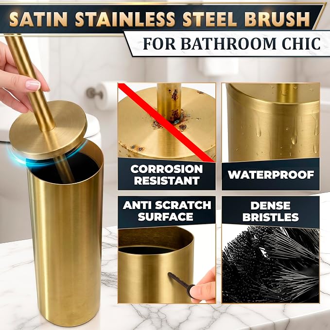 Gold Toilet Brush and Holder Set - Stainless Steel Gold Toilet Bowl Brush and Holder with Replaceable Head, Removable Inner Bowl, and Splash Guard - Dense Bristles for Thorough Cleaning