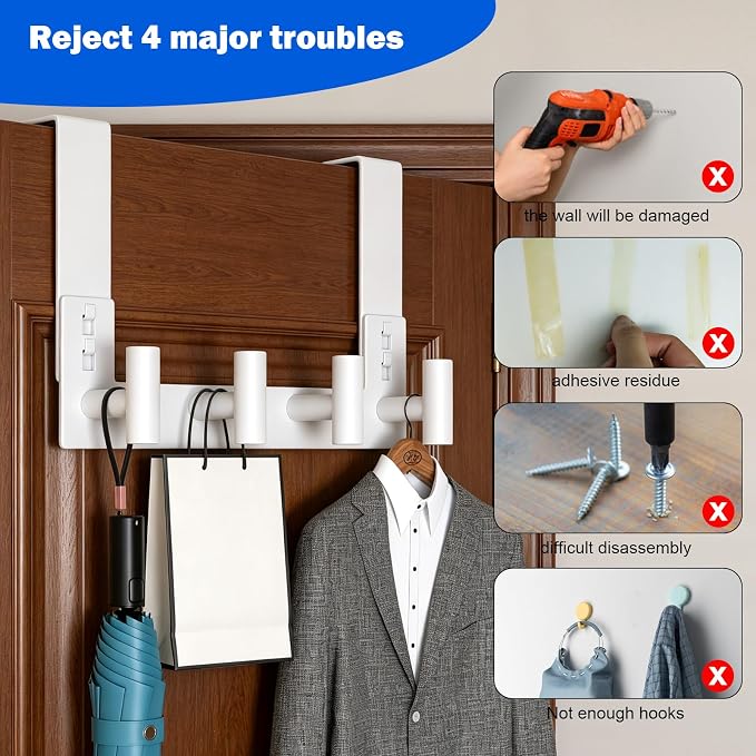 PMMASTO Over The Door Hooks, Fits 1-3/4" Thick Door No Drill Hooks for Closet Bathroom Bedroom Organization, Hanger for Coat Towel Robe (White, 4 T-Hooks)