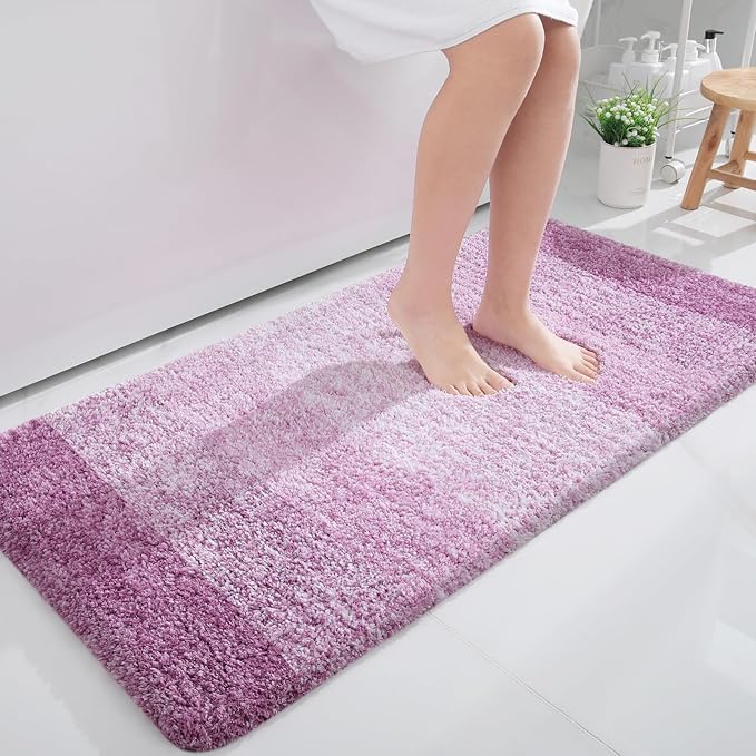 OLANLY Bathroom Runner Rug 45x27, Extra Soft Absorbent Microfiber Bath Rugs | Pinkish-Purple, Non-Slip Quick-Drying Rubber Backing, Washable Long Bath Mat for Floor, Tub and Shower, Home Decor