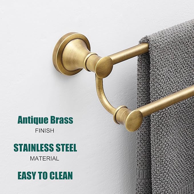 Hoimpro Adjustable Retractable 15-27 Inches Stainless Steel Bathroom Towel Bar, Bathroom Accessories Bath Hotel Double Towel Bar Rod Hanger Wall Mounted Towel Holder Towel Rack, Antique Brass