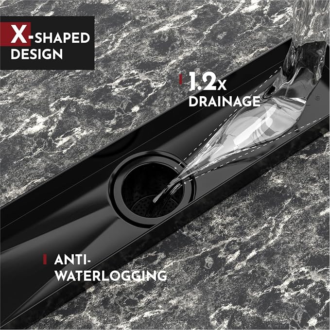 WEBANG 28 Inch Linear Shower Drain Rectangular Floor Drain with Accessories Reversible 2-in-1 Cover Tile Insert Grate Removable SUS304 Stainless Steel CUPC Certified Matte Black