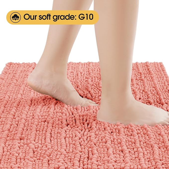 ACCUMTEK Upgrade Luxury Coral Toilet Bathroom Rug Mat 24" x 20" Contour Rug, Ultra Soft Thick Absorbent Bath Mats, Non Slip Chenille Toilet Mat for Bathroom, Bedroom, Kitchen, Shower, Tub