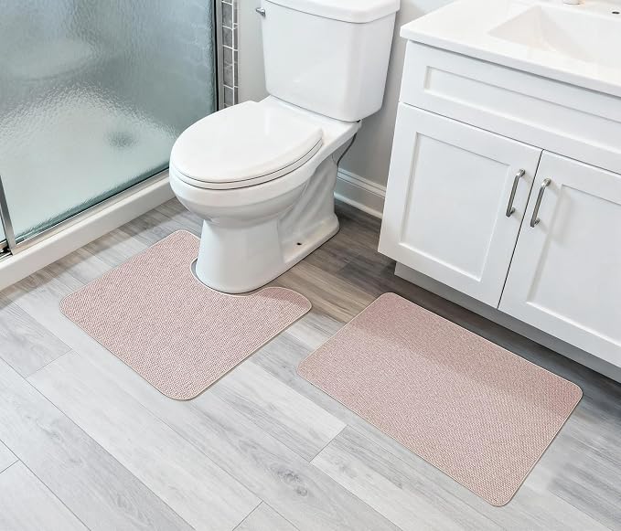 Bosap Bath Mat Set 2 Pieces,Ultra Thin Bathroom Rugs,Rubber Toilet Rugs | Non Slip,Quick Dry,Machine Washable,Low Pile,Absorbent,Shower,Sink,Bathroom Decor.(Beige,17"x27" Plus 20"x24"U Shaped)