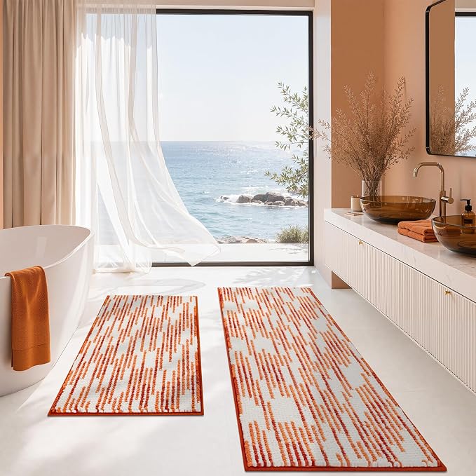 Bathroom Rugs Sets 2 Piece, Fall Bath Mat 20"x47"+20"x32", Orange | Loop Pile Chenille, Non Slip TPR Rubber Backing, Abstract Stripe, Soft Thick Absorbent Washable, Runner Rug for Bathroom