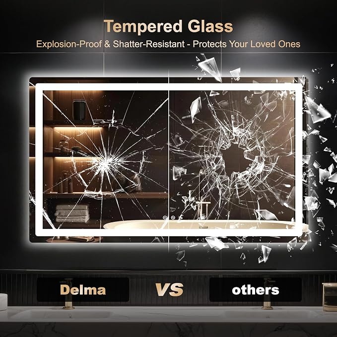 Delma 30x50 LED Bathroom Vanity Mirror with Lights, Anti-Fog, Dimmable | Front & Backlit with 3 Color Modes and Memory, 5mm Shatterproof Glass, Plug-in or Hardwired, Horizontal or Vertical
