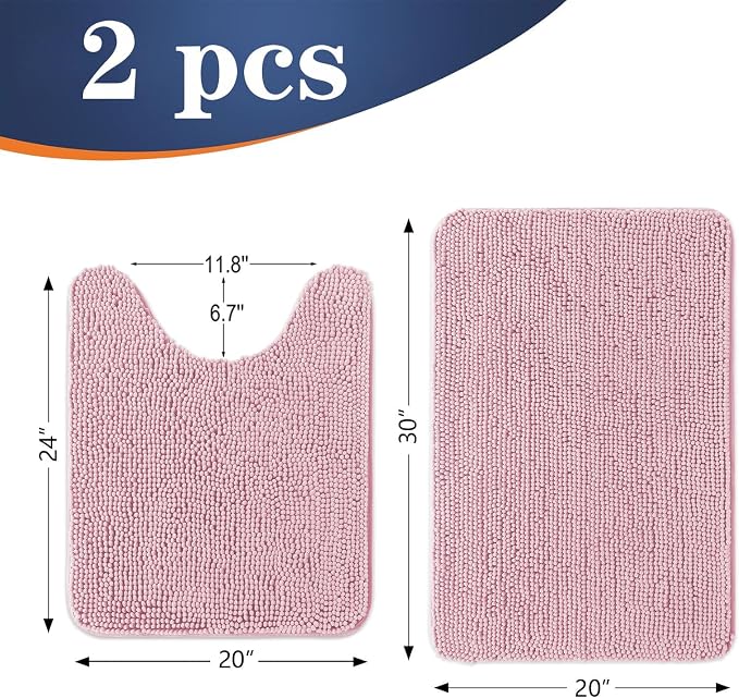 OLANLY Chenille Bathroom Rugs Mats Set 2 Piece, 30"x20"+24"x20", Dusty Rose | Soft Absorbent Bath Mat and U-Shaped Contour Toilet Rug Set, Quick Dry, Machine Washable Bath Carpet, Home Decor Accessories