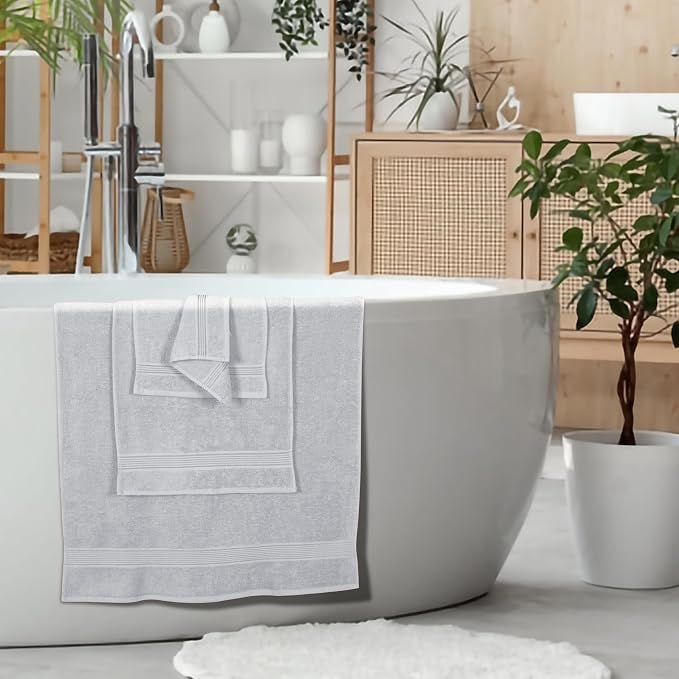 Ultra Soft 6 Pack Cotton Towel Set, Contains 2 Bath Towels 28x55 inch, 2 Hand Towels 16x24 inch & 2 Wash Coths 12x12 inch, Ideal for Everyday use, Compact & Lightweight - Light Grey