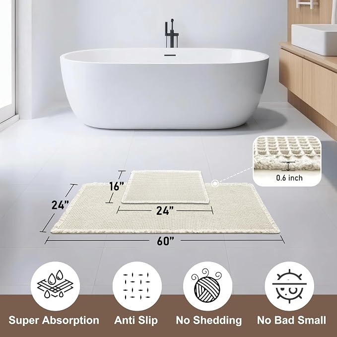JIUZHEN Set of 2 Waffle Bathroom Rugs Non Slip Bath Mats, 16"x24"+24"x60" | Ivory, Boho, Super Absorbent, Washable, Ultra Soft, Fast Drying Bath Rug and Bathroom Runner for Kitchen Hallway Laundry