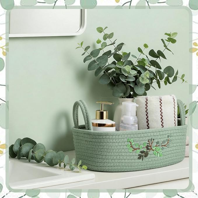 Vesici Eucalyptus Embroidered Cotton Rope Toilet Paper Basket, Boho Bathroom Counter Organizer with Handles, Green Storage Caddy for Toiletries Bedroom Organizing, 13 x 6 x 4 Inch
