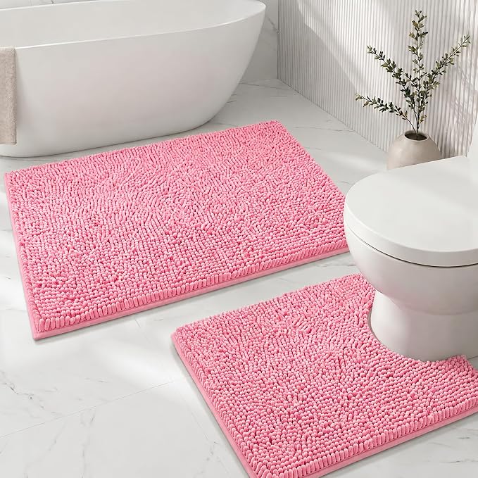 Bathroom Rugs Sets 2 Piece,Super Absorbent Soft,Thick,Machine Washable Chenille Bath Mat,Non Slip Toilet Floor Rug,Bath Mats for Bathroom,20x32 Plus 20x20 U Shape,Pink
