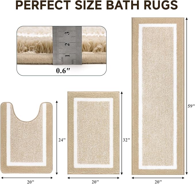 Pauwer Bathroom Rug Sets 3 Piece, Non Slip Washable Bath Ma, Beige | Soft Plush Microfiber, Super Absorbent Floor Carpet, U Shaped Toilet Mats, Quick Dry, Shaggy Shower Rugs Runners