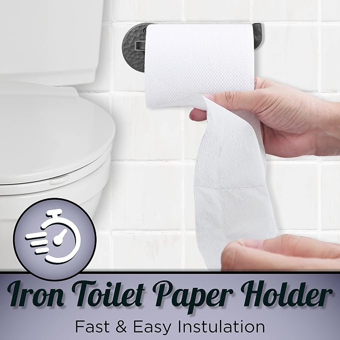 Handmade Wrought Iron Toilet Paper Holder - Rustic Wall Mount Holder for Bathroom - Farmhouse, Vintage & Industrial Style - Antique Black Iron Tissue Roll Holder