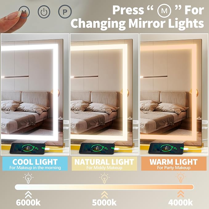 FENNIO 23" x 18" Vanity Mirror with Lights，LED Makeup Mirror，Hollywood Mirror with 3 Color Modes & Adjustable Brightness，Vanity Mirror Square Gold