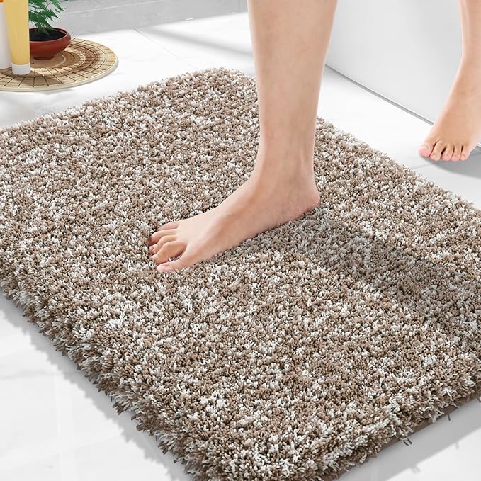 Yimobra Bathroom Rugs Non Slip Washable, Ultra Soft and Water Absorbent Bath Mats, Plush Fluffy Shower Mat Outside, Microfiber Thick Matts for Bathroom Floor/Sink, 24X17, Light Brown and White