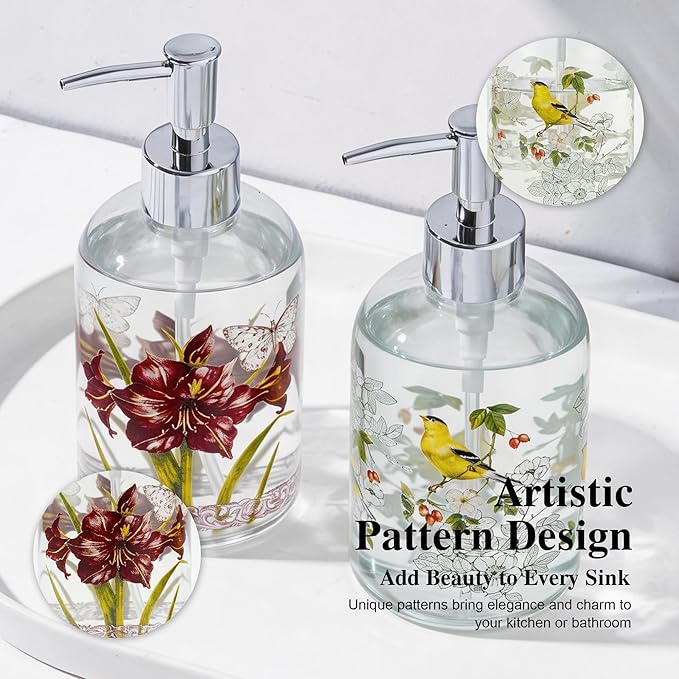 Topadorn Hand and Dish Soap Dispenser Set, 2 Pack 17oz Glass Soap Dispensers with Pump, Refillable Kitchen Soap Bottles, Vintage Floral & Goldfinch Bathroom Counter Decor