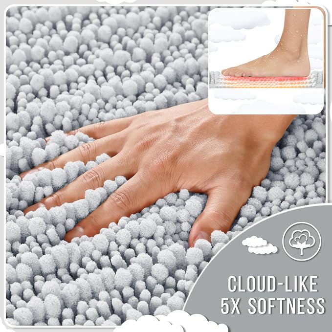 Yimobra Bathroom Rugs Sets 2 Piece - Quick Dry Extra Thick Luxury Chenille Bath Mat, Non Slip Super Absorbent for Tub Shower Sink, Machine Washable Shaggy Floor Mat, 32"x20"+24"x17" Inch, Silver