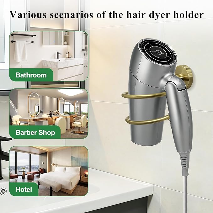 Hair Dryer Holder Wall Mounted, 304 Stainless Steel Hair Tool Organizer with Copper Base, Spiral Blow Dryer Rack for Bathroom-Brushed Gold