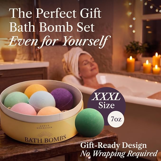 XXXL Bath Bombs for Women, 7pc, Birthday Gifts for Women by AdeleGourdain | Bathbombs Bath Gift Set for Women - 7 Spa Scents - Gift Box Included - Non-Staining - Bubble Bathbombs for Adults - Large 7oz