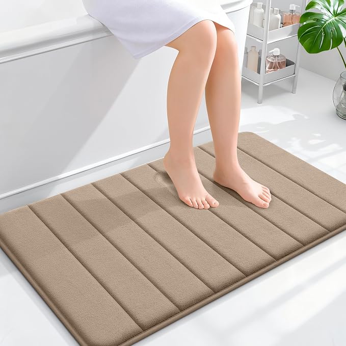 OLANLY Memory Foam Bath Mat 35x24, Super Soft and Absorbent Bathroom Rugs | Tan, Quick Dry Bath Rug, Machine Washable Shower Floor Mats, Bathmat Carpet for Bathroom Floor, Tub and Shower