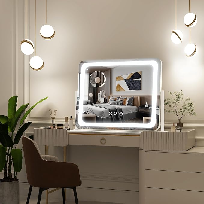 FENNIO Vanity Mirror with Lights 22''x17'' Makeup Mirror with Lights,Vanity Mirror Touch Screen with 3-Color Lighting,Dimmable,for Vanity Desk Tabletop