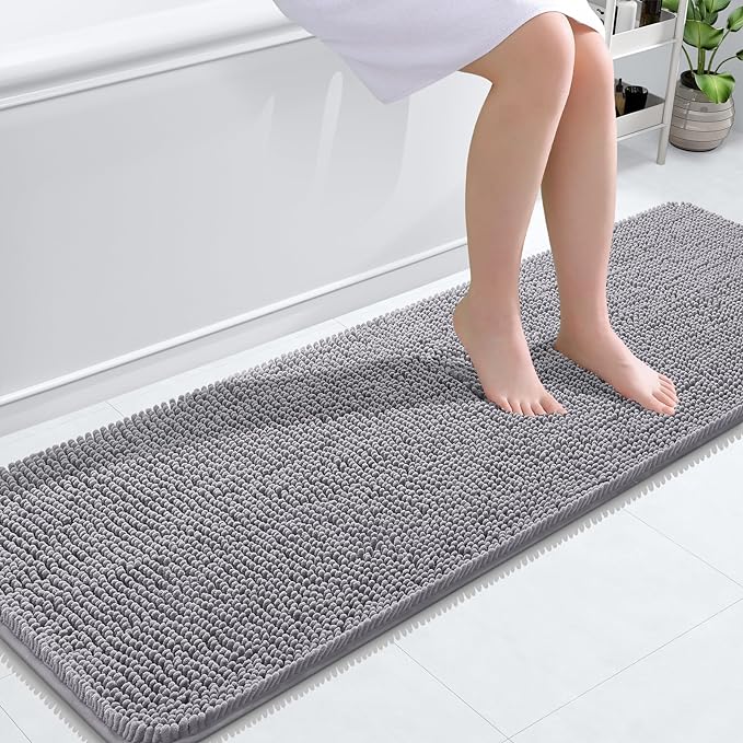 OLANLY Bathroom Runner Rugs 59x20, Extra Soft Absorbent Chenille Bath Rugs | Grey, Quick-Drying Rubber Backing, Machine Washable Long Bath Mat for Bathroom Floor, Tub and Shower, Home Decor Accessories