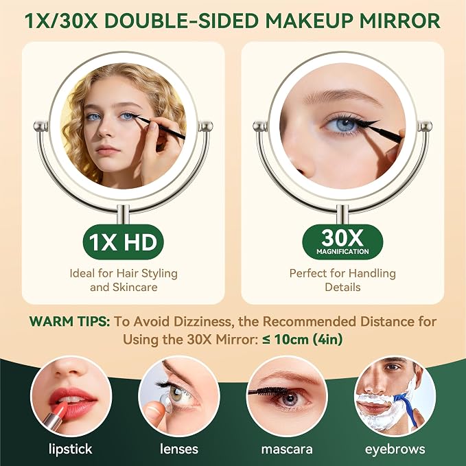 Auxmir 9" 5000mAh Maginfying Mirror, 9" 1X/30X Lighted Makeup Mirror | rechargeable battery, 3 dimmable colors, 360° rotation, stable base, brushed nickel, 30X magnification with 2 tweezers