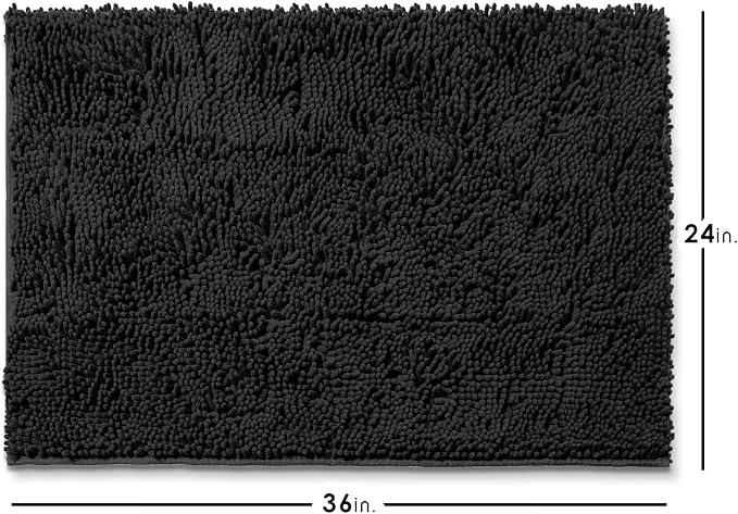 Hearth & Harbor Bathroom Rugs, Chenille Bath Mat - Machine Washable Bath Mats for Bathroom Non-Slip Backing Rubber, Quick Dry Bathroom Mat - Black 24x36