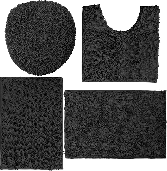 LuxUrux 4-Piece Bathroom Rug Set - Soft Chenille Mats, Non-Slip Toilet Mat & Lid Cover for Comfort & Style (20x20 U, 16x24, 20x30 & 19x19 inches, Black)