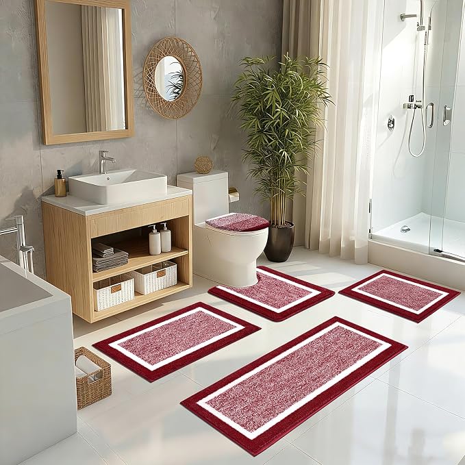 Pauwer Bathroom Rugs Set 5 Piece, Non Slip Microfiber Bath Mat, Red | Washable Bathroom Mat with U Shaped Toilet Rug, Long Shower Runner, Toilet Lid Cover, Quick Dry Absorbent Plush Floor Carpet