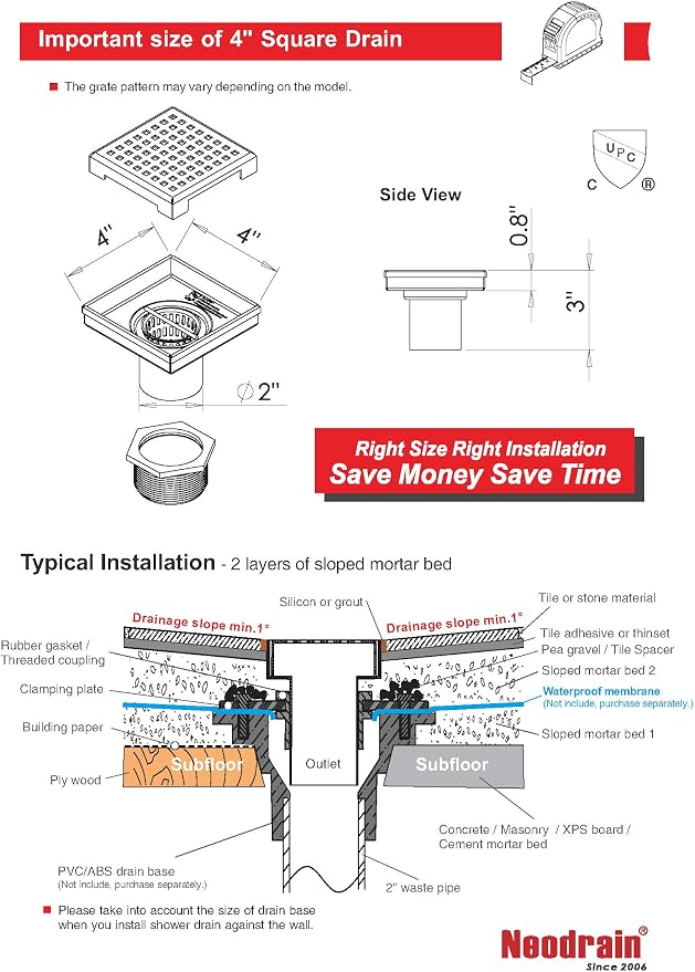Neodrain 4-Inch Square Shower Drain with Removable Quadrato Pattern Grate, PVC Shower Drain Base and Rubber Gasket for Bathroom Floor Drain, Brushed 304 Stainless Steel, Includes Hair Strainer