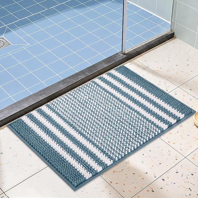 Bathroom Rugs, 17x24 Chenille Bath Mats, Denim Blue | Extra Soft Absorbent, Non Slip Striped, Quick Dry Machine Washable, Modern，Shower Rug for Bathroom Bedroom Decor