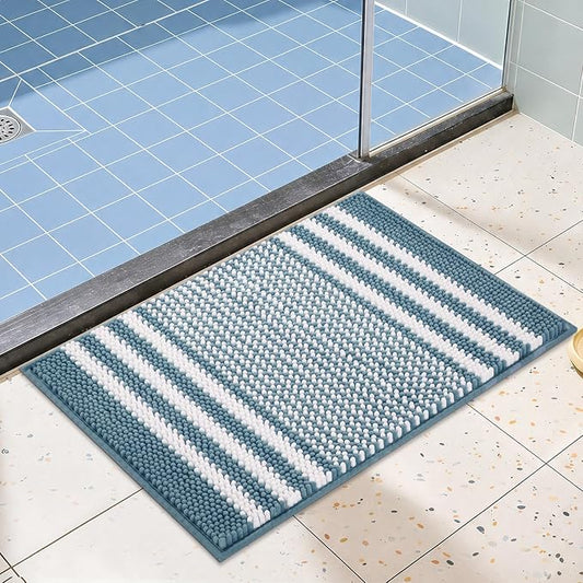 Bathroom Rugs, 17x24 Chenille Bath Mats, Denim Blue | Extra Soft Absorbent, Non Slip Striped, Quick Dry Machine Washable, Modern，Shower Rug for Bathroom Bedroom Decor