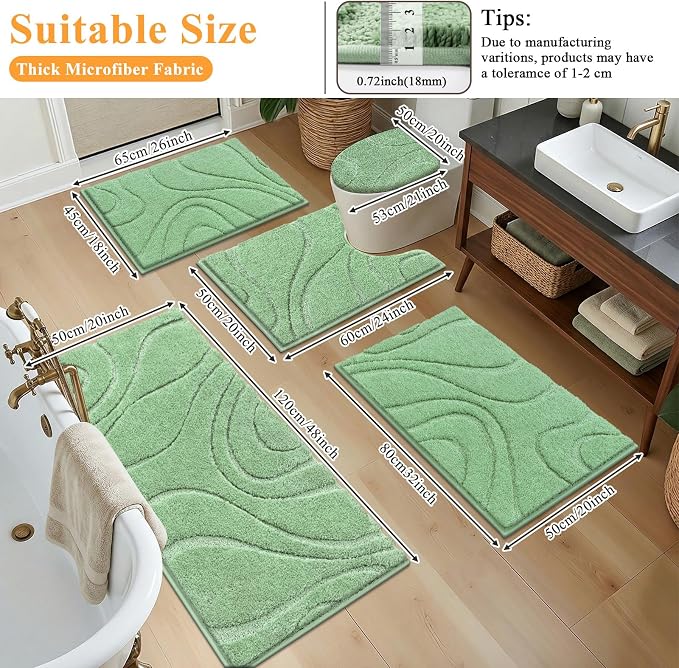HEBE Bathroom Rugs Sets 5 Piece, Non Slip Washable Absorbent Bath Mat Set | Super Soft Plush Microfiber Bathroom Mats with Runner Set, Solid Bathmat with U-Shaped Toilet Rug Cover Set for Tub, Shower