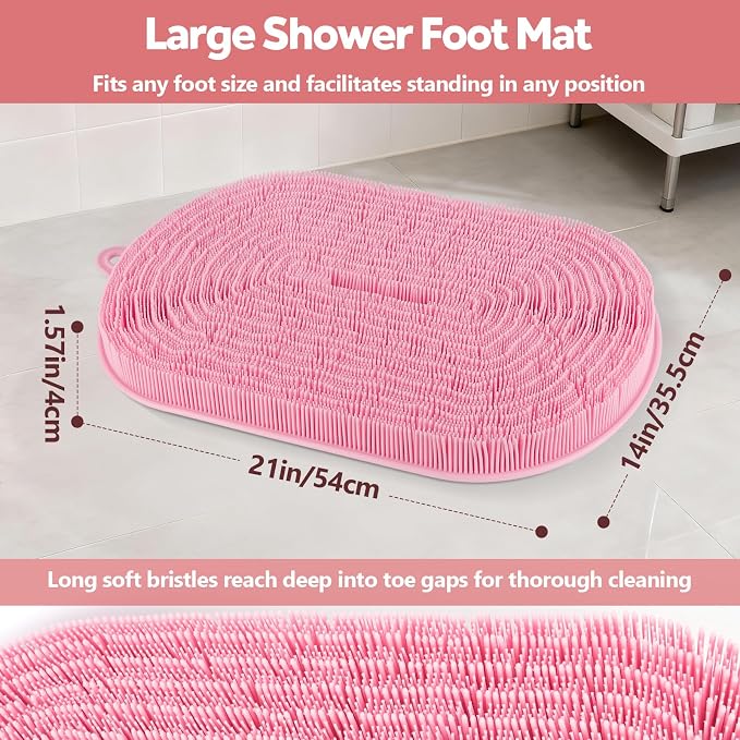 21"×14" Large Shower Foot Scrubber Mat, Silicone Feet/Back Exfoliating Cleaner with Suction Cups, Foot Massage Bath Pad for Dead Skin Removal, No Bending Over Soft Bristle Bath Mat