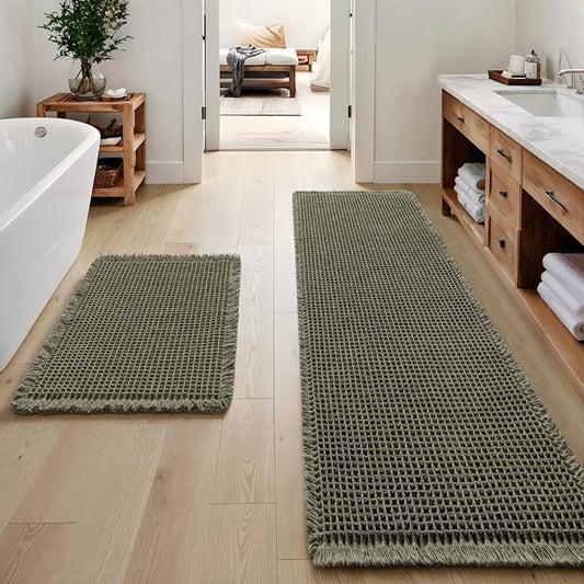 MIULEE Set of 2 Waffle Bathroom Rugs Boho Bath Mat Green 17"x24"+20"x47" | Non Slip, Super Absorbent, Washable, Ultra Soft, Rubber Backed, Small Bath Rug and Bathroom Runner for Floor Tub Shower