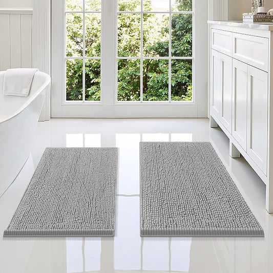 Smiry Chenille Bathroom Rugs Sets 2 Piece (34x21+30x20, Light Grey) | Soft Absorbent Machine Washable Non Slip Shaggy Bath Rug Set for Tub, Shower, and Floor, Home Decor