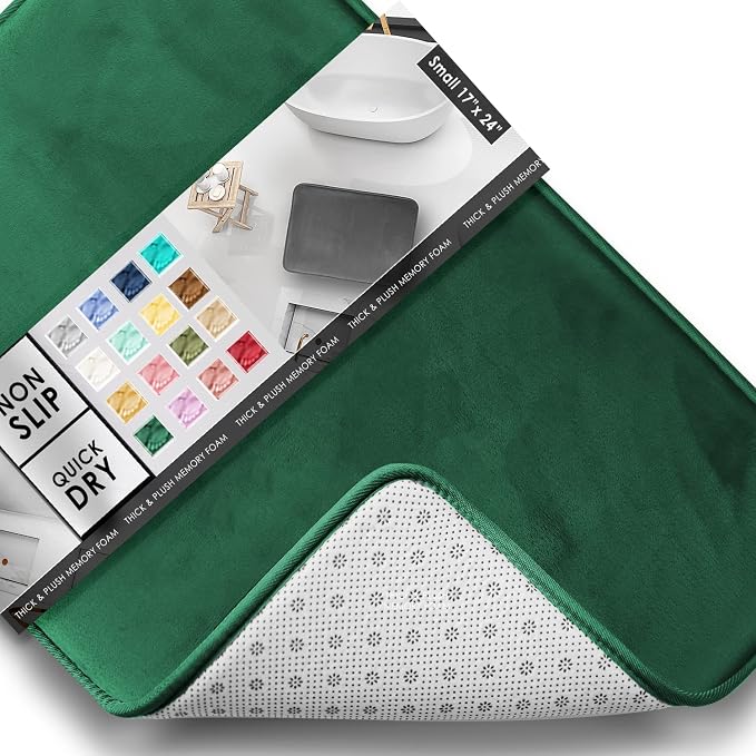 Clara Clark Bathroom Rugs, Velvet Memory Foam Bath Mat, Non-Slip, Machine Washable Bath Rugs - Dries Quickly, Ultra Soft Plush Bath Mats for Bathroom, 17 x 24, Hunter Green