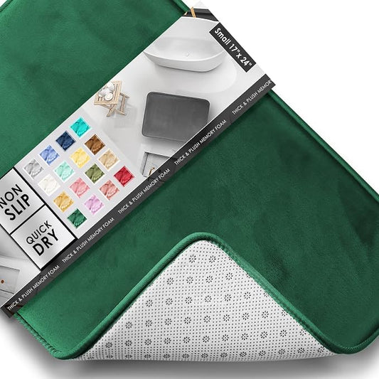 Clara Clark Bathroom Rugs, Velvet Memory Foam Bath Mat, Non-Slip, Machine Washable Bath Rugs - Dries Quickly, Ultra Soft Plush Bath Mats for Bathroom, 17 x 24, Hunter Green