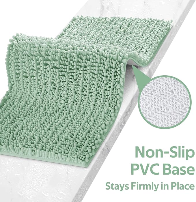 ACCUMTEK Upgrade Luxury 2 Piece Sage Green Toilet Bathroom Rug Mat 60"x20"+32"x20", Ultra Soft Thick Absorbent Bath Mats, Non Slip Chenille Toilet Mat for Bathroom, Bedroom, Kitchen, Shower, Tub