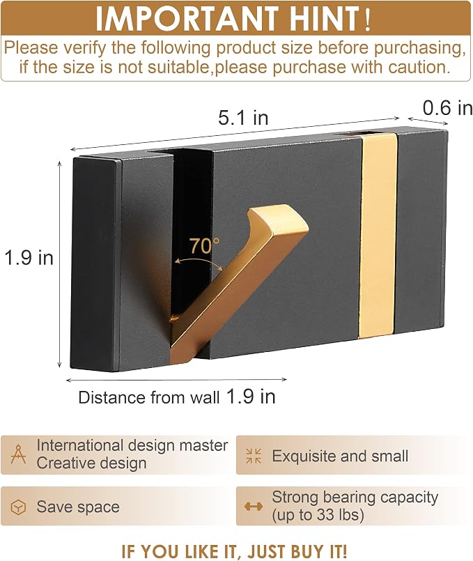 2 Pack，Waterproof Black Gold Wall Hooks，Foldable Towel Hooks for Bathrooms，Coat Hooks Wall Mounted，Free Perforated，Modern Coat Hooks，Bathroom Towel Hooks，Towel Door Hooks，Also for Balcony，Kitchen.