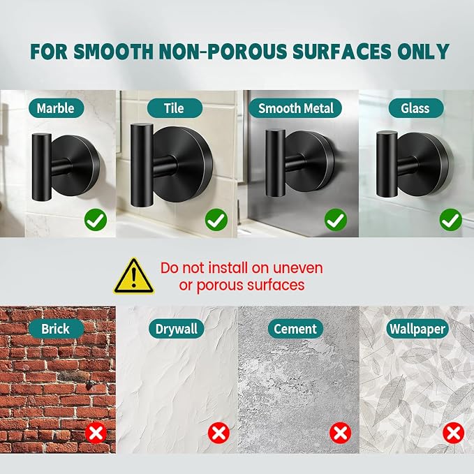 Suction Cup Hooks for Shower - Heavy Duty Matte Black Bathroom Hooks for Glass Door, 4 Pack No Drill & No Damage Waterproof Hooks for Tile, Rustproof for Towels & Door Wreaths