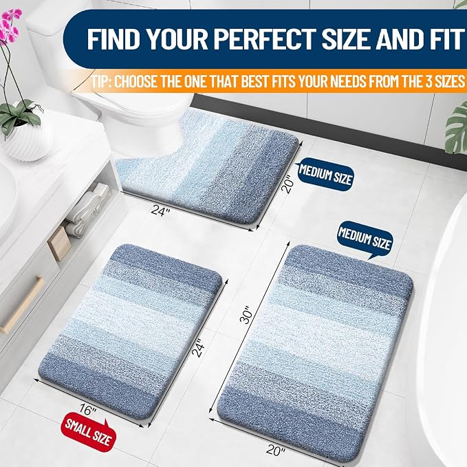 OLANLY Small Bathroom Rugs 24x16, Extra Soft Absorbent Microfiber Bath Rugs | Blue, Non-Slip Quick-Drying Rubber Backing, Machine Washable Plush Bath Mat for Floor, Tub and Shower, Home Decor Accessories
